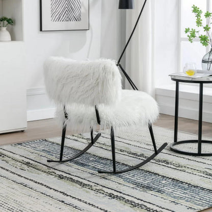 Wide Faux Fur Plush Nursery Rocking Chair, Baby Nursing Chair with Metal Rocker, Fluffy Upholstered Glider Chair, Comfy Mid Century Modern Chair for Living Room