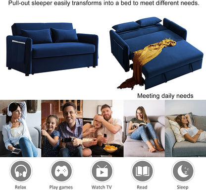 Blue Velvet Convertible Sofa Bed with Adjustable Backrest
