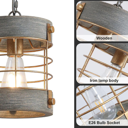 Farmhouse Pendant Light, Adjustable Metal and Wood Chandelier Light
