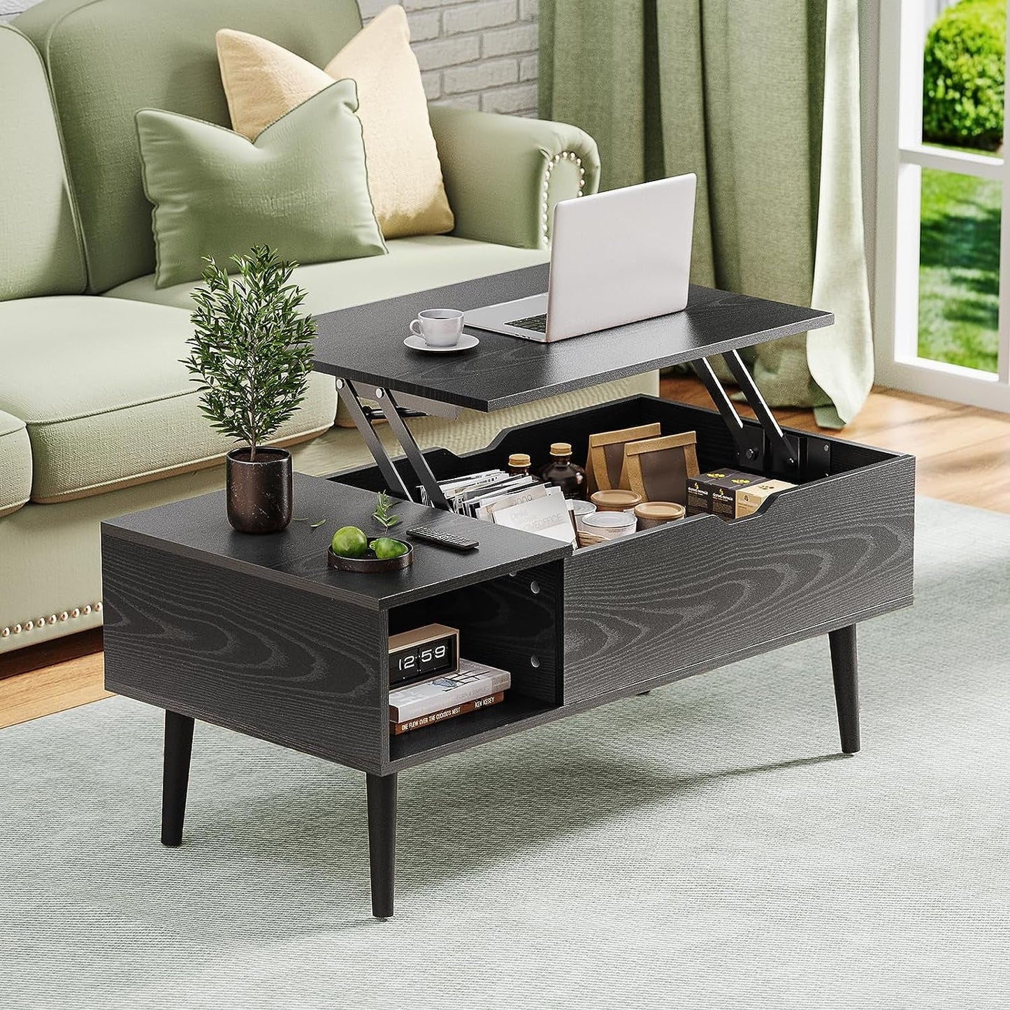Wood Lift Top Coffee Table with Hidden Compartment and Large Storage