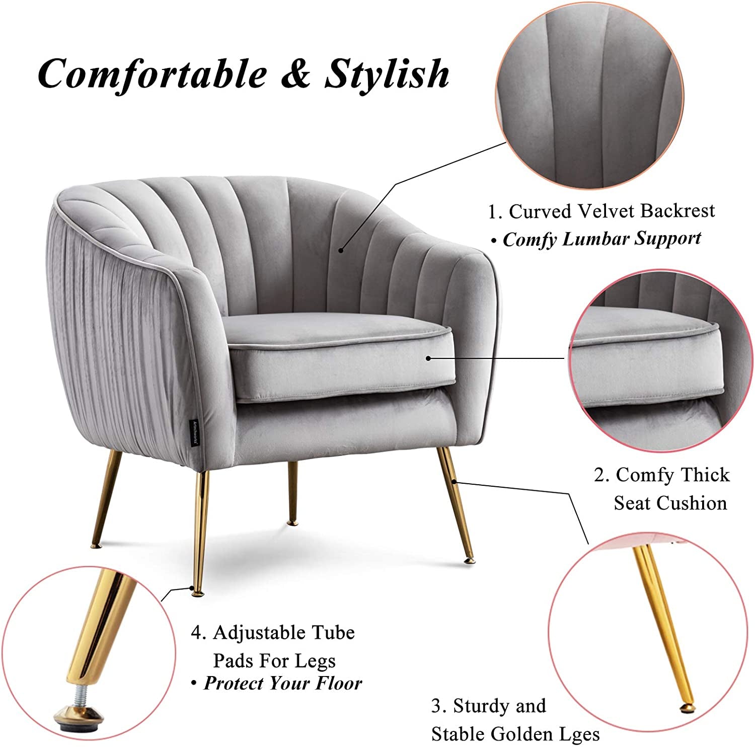 Artechworks Velvet Modern Tub Barrel Arm Chair Upholstered Tufted with Gold Metal Legs Accent Club Chair with Ottoman Footrest for Living Reading Room Bedroom, Grey