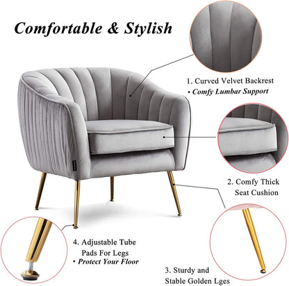 Artechworks Velvet Modern Tub Barrel Arm Chair Upholstered Tufted with Gold Metal Legs Accent Club Chair with Ottoman Footrest for Living Reading Room Bedroom, Grey