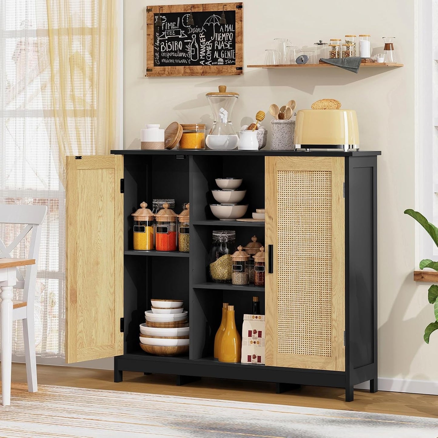 Storage Cabinet Rattan Credenza for Living Room and Coffee Bar, Multifunctional