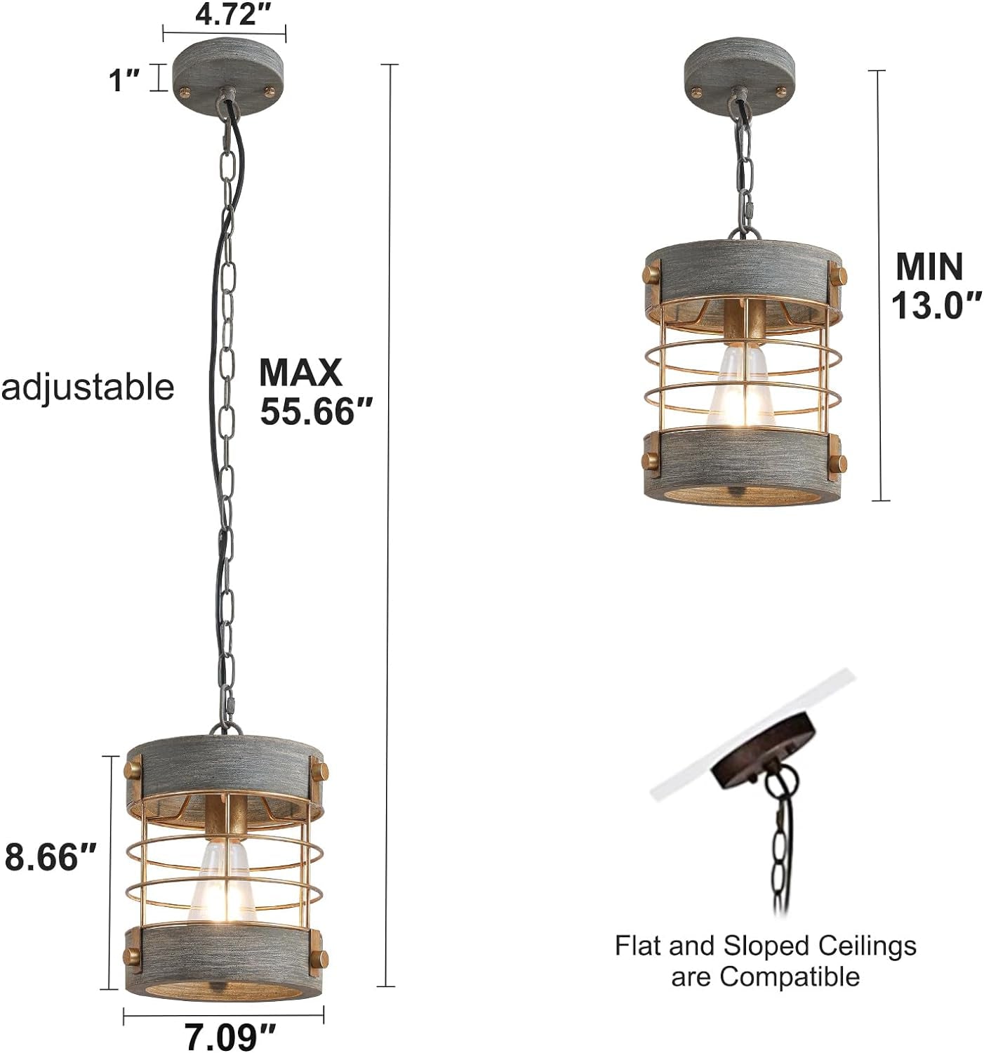 Farmhouse Pendant Light, Adjustable Metal and Wood Chandelier Light