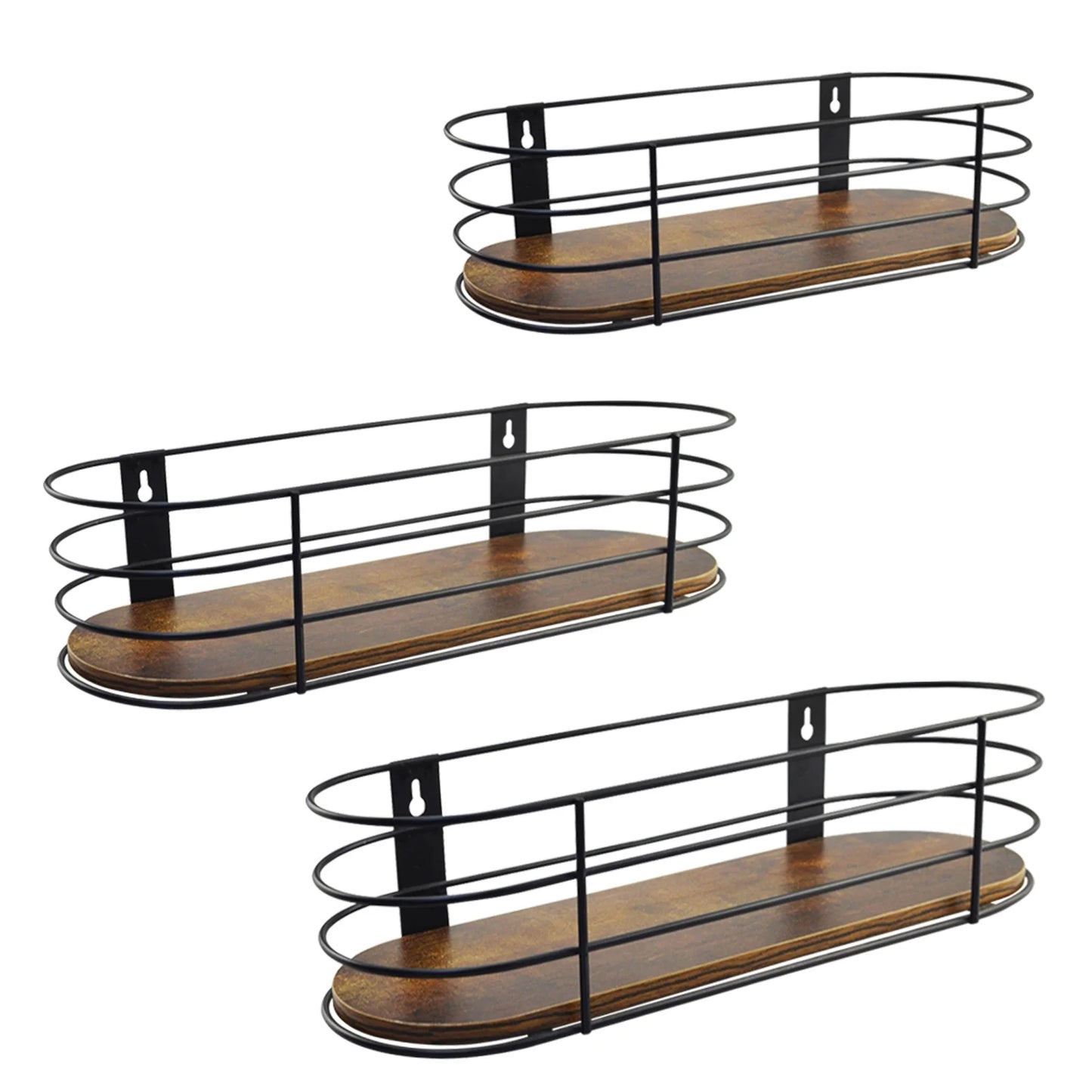 Oval Floating Wall Shelves Set of 3, Multiple Size Rustic Brown Hanging Shelf with Black Metal for Bedroom Bathroom Kitchen Living Room