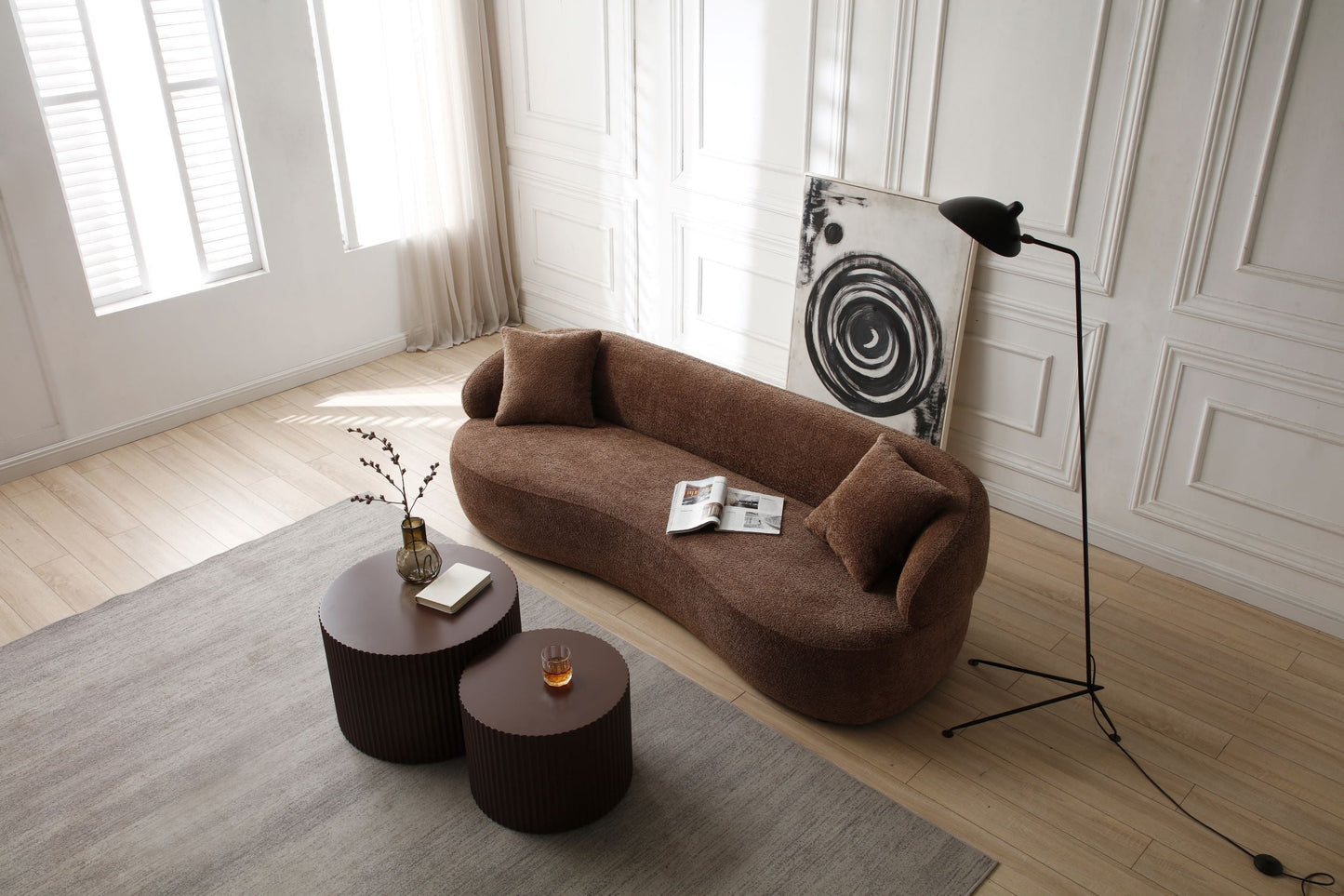 Borwn Mid Century Modern Curved Sofa, 3 Seat Cloud couch Boucle sofa