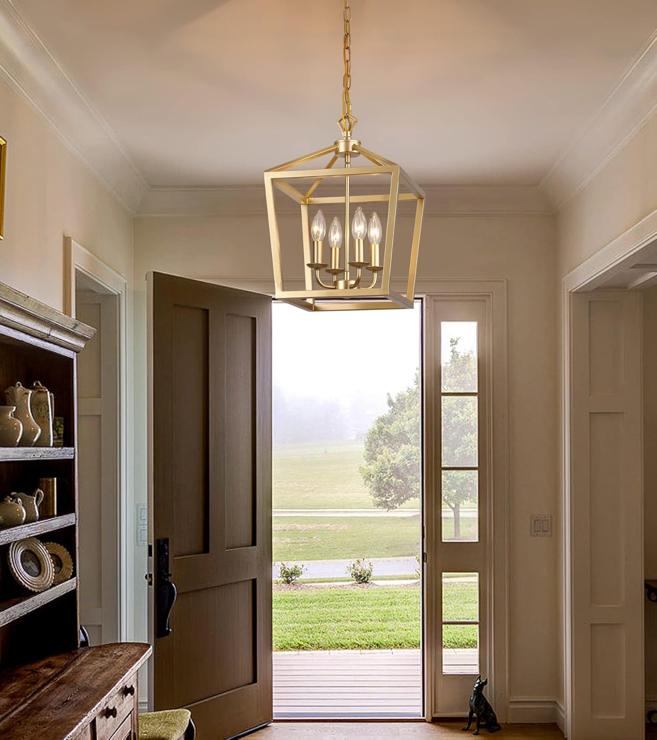 Gold Lantern Chandelier Hanging Pendant Light Fixture 4-Lights for