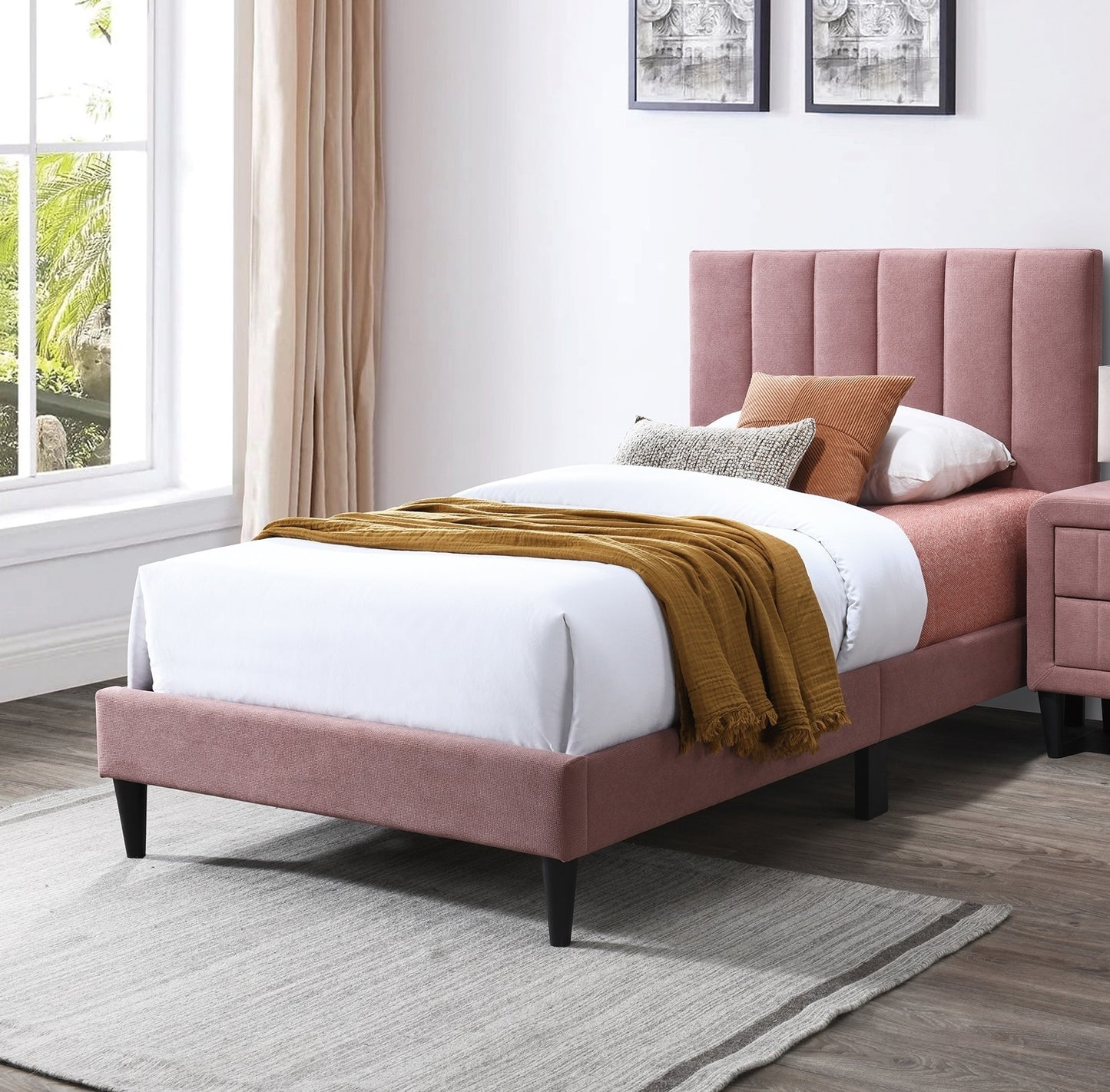1pc Twin Size Bed Pink Finish Channel Tufted Adjustable Headboard Middle Support Legs Bedroom Furniture