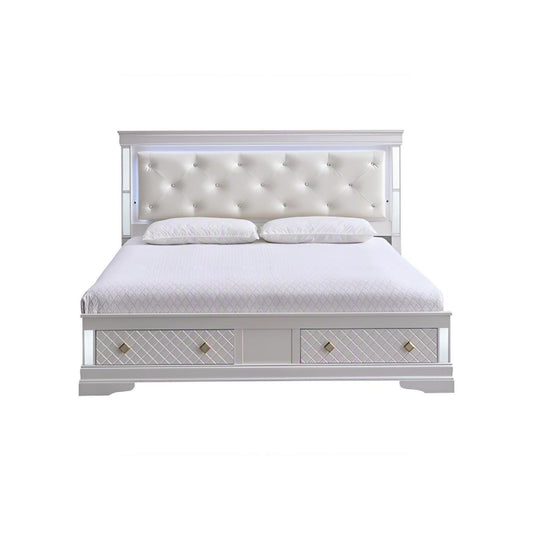 Verona G6735B-QSB Queen Bed in Pearl White with Wood Veneers and Jeweled Tufted Upholstered Headboard