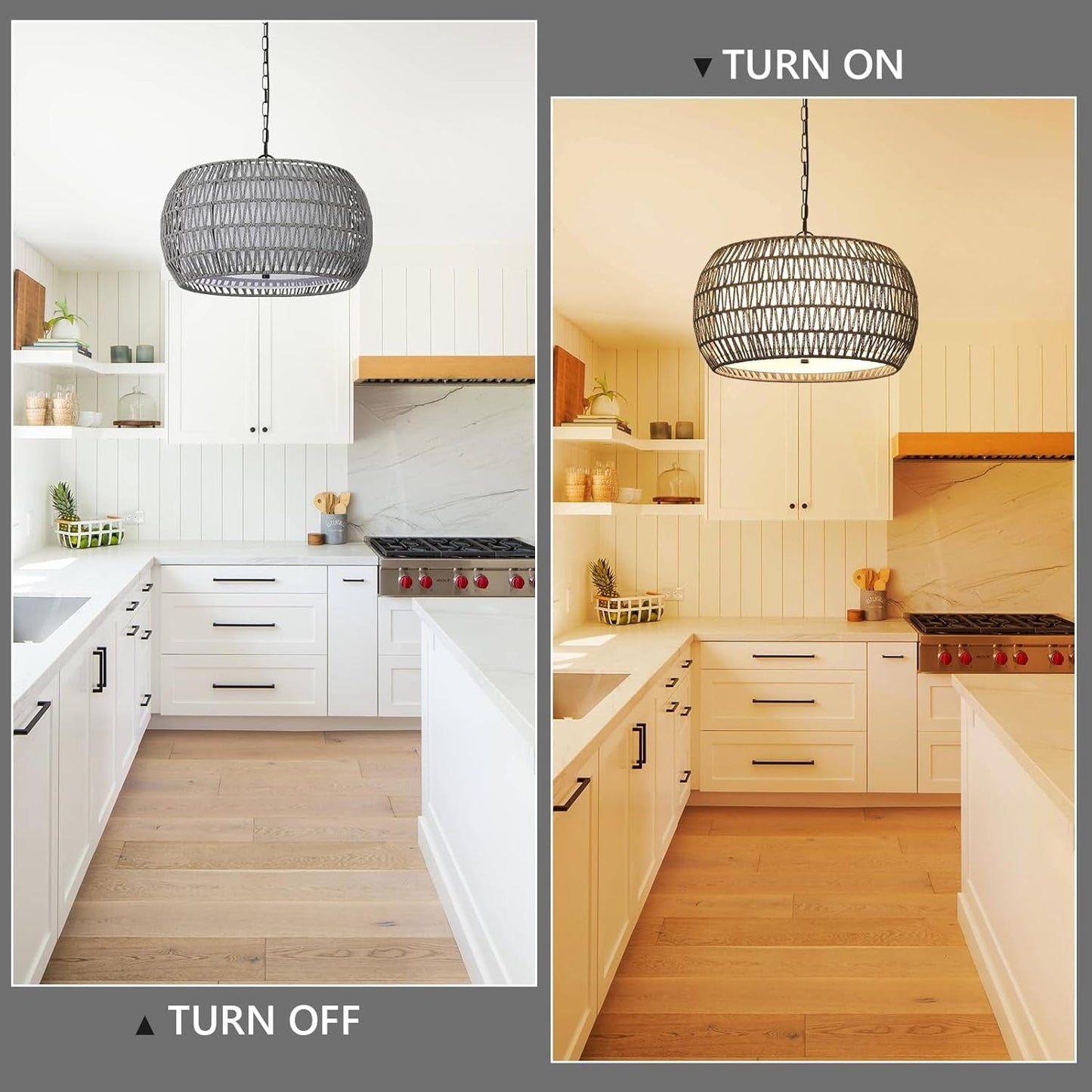 Farmhouse Chandelier Light Fixtures，5-Lights Rattan Dining Room Light