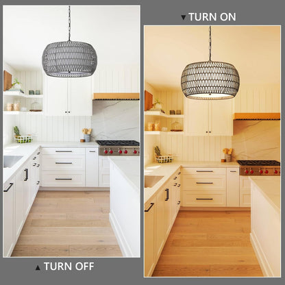 Farmhouse Chandelier Light Fixtures，5-Lights Rattan Dining Room Light