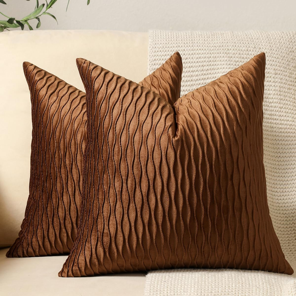 DEZENE Turquoise Throw Pillow Cases 22X22: 2 Pack Inch Original Striped Velvet Square Decorative Pillow Covers for Farmhouse Couch