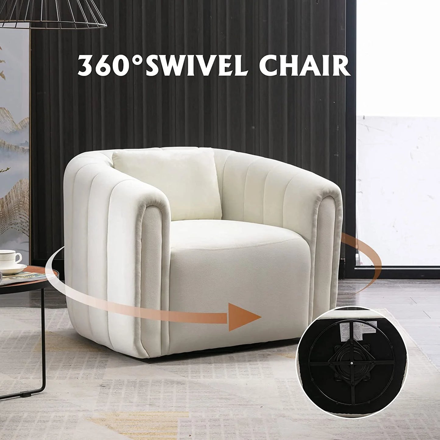 Swivel Barrel Chair with Plump Pillow, Modern Channel Velvet Accent Chair, Comfy round Armchair, Swivel Accent Chair for Living Room Bedroom (Beige)