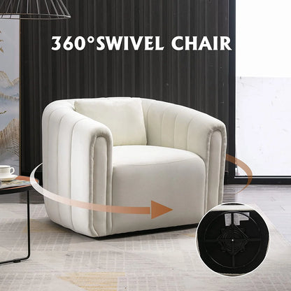 Swivel Barrel Chair with Plump Pillow, Modern Channel Velvet Accent Chair, Comfy round Armchair, Swivel Accent Chair for Living Room Bedroom (Beige)