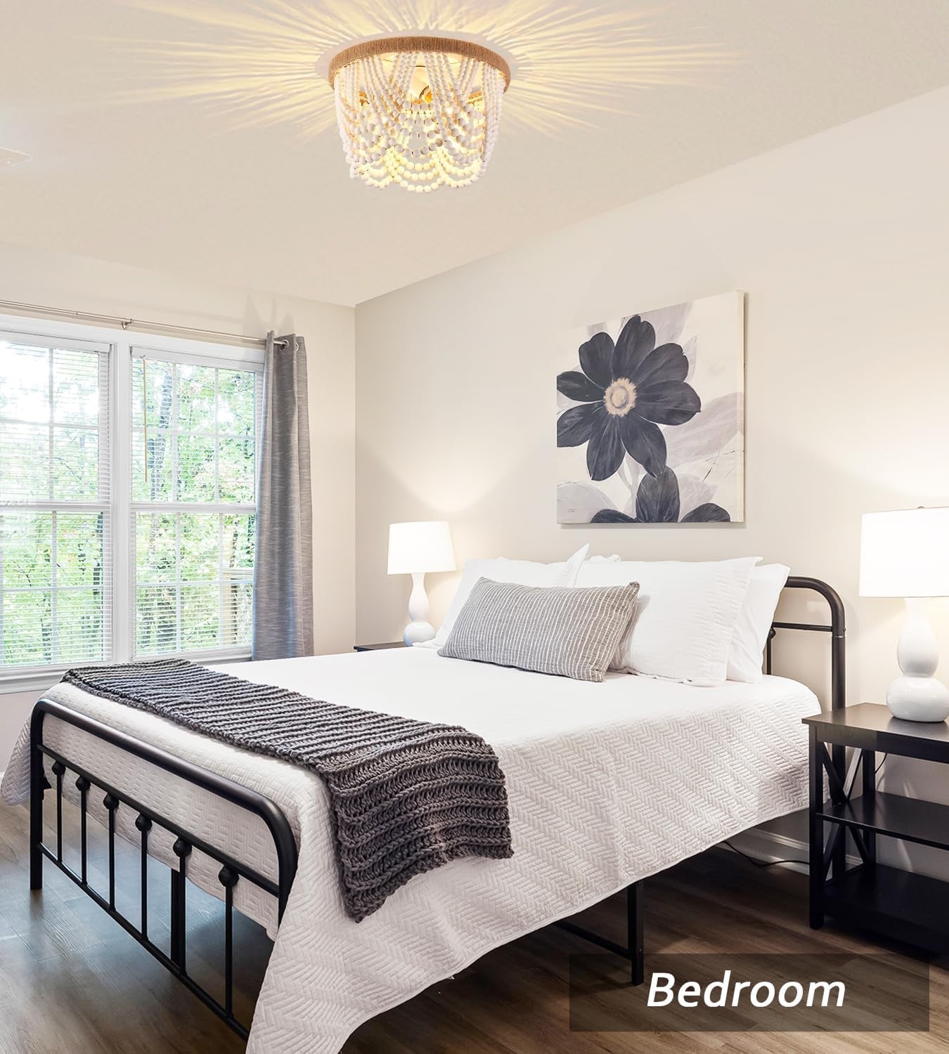 Wood Beaded Flush Mount Ceiling Light Antique Rustic Mini Chandelier