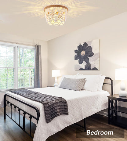 Wood Beaded Flush Mount Ceiling Light Antique Rustic Mini Chandelier