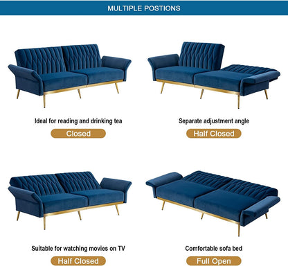 Blue Velvet Convertible Sofa Bed with Metal Legs