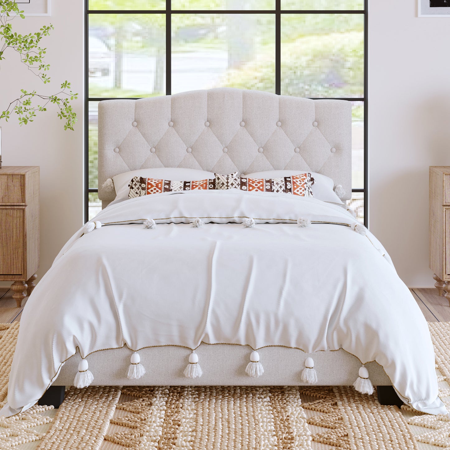 Upholstered Platform Bed with Saddle Curved Adjustable Headboard and Diamond Tufted Details,Wooden Slats and Metal Support, No Box Spring Needed,Full, Beige(Old SKU:WF294418AAA)