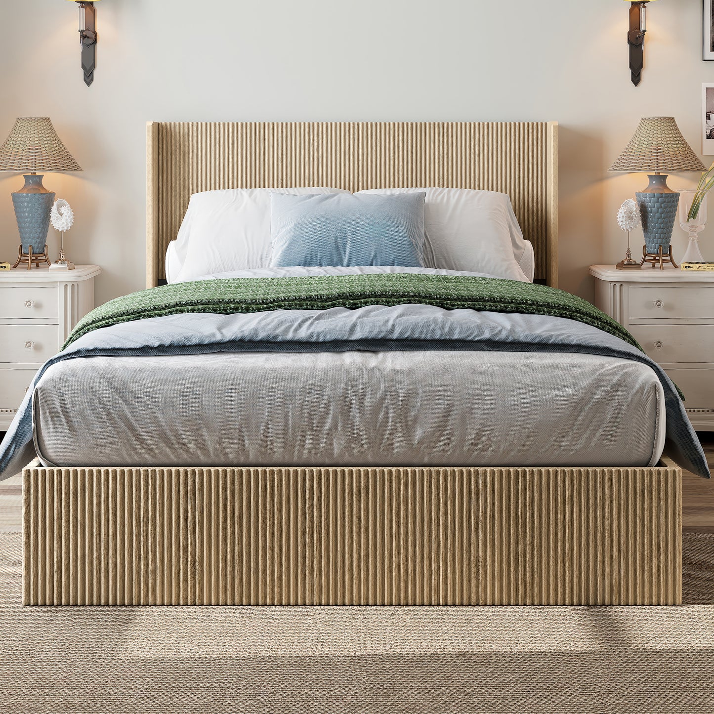 A large raised and undulating storage bed frame with grooves. The wooden platform bed frame has a storage function that can be lifted, without requiring a spring box / no noise. Oak color (
Queen)