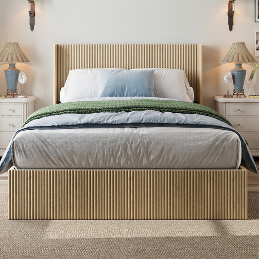 A large raised and undulating storage bed frame with grooves. The wooden platform bed frame has a storage function that can be lifted, without requiring a spring box / no noise. Oak color (
Queen)