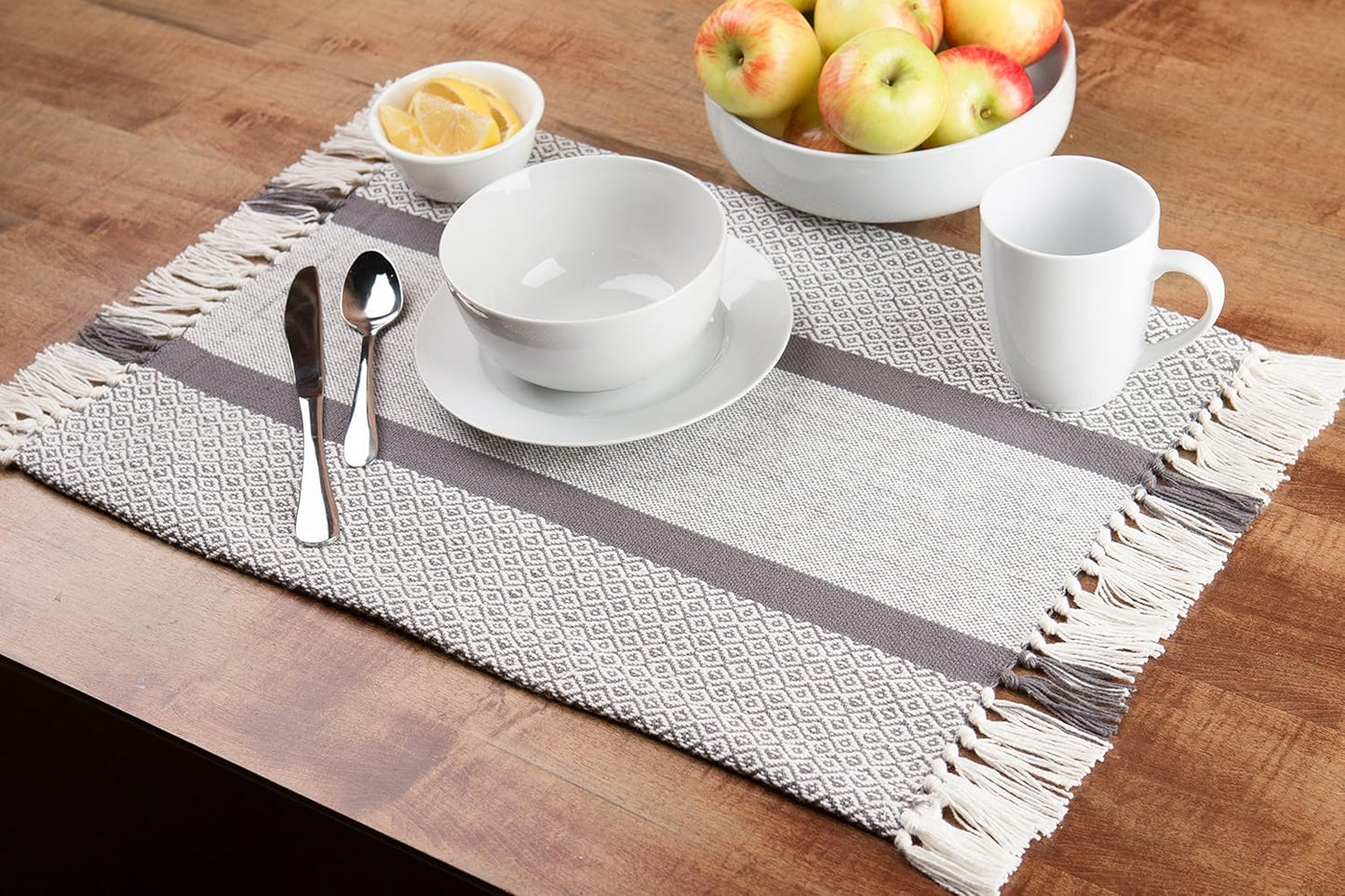 Placemats Set of 4, Woven Cloth Placemat Set, 14X19 In, Gray Boho Place Mats for Kitchen or Dining Table, Washable Cotton Table Mats