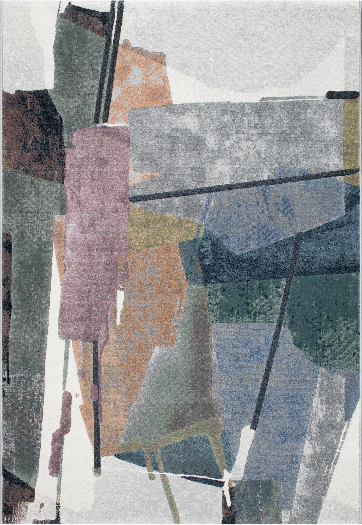 Abstract Orange, Sage, Blue, Gray, Ivory and Mauve Olefin Area Rug