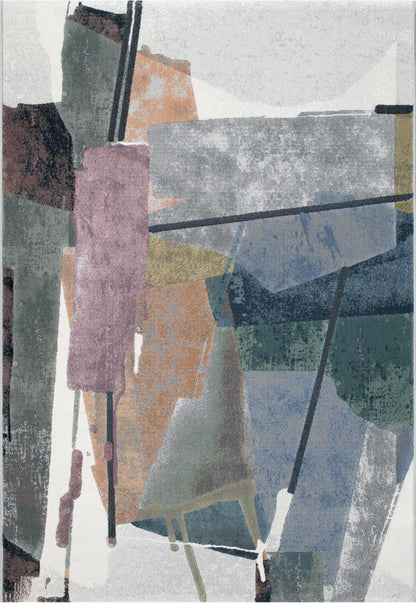 Abstract Orange, Sage, Blue, Gray, Ivory and Mauve Olefin Area Rug