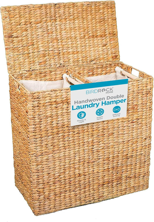BIRDROCK HOME Handwoven Double Laundry Hamper | Removable Liner Bags | Laundry Basket with Lid - College Dorm Room Essentials, Bathroom, Bedroom, Home Clothes Storage, Organization | Natural