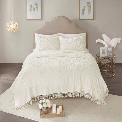 Tufted Cotton Chenille Medallion Fringe Coverlet & Comforter Bedding Set