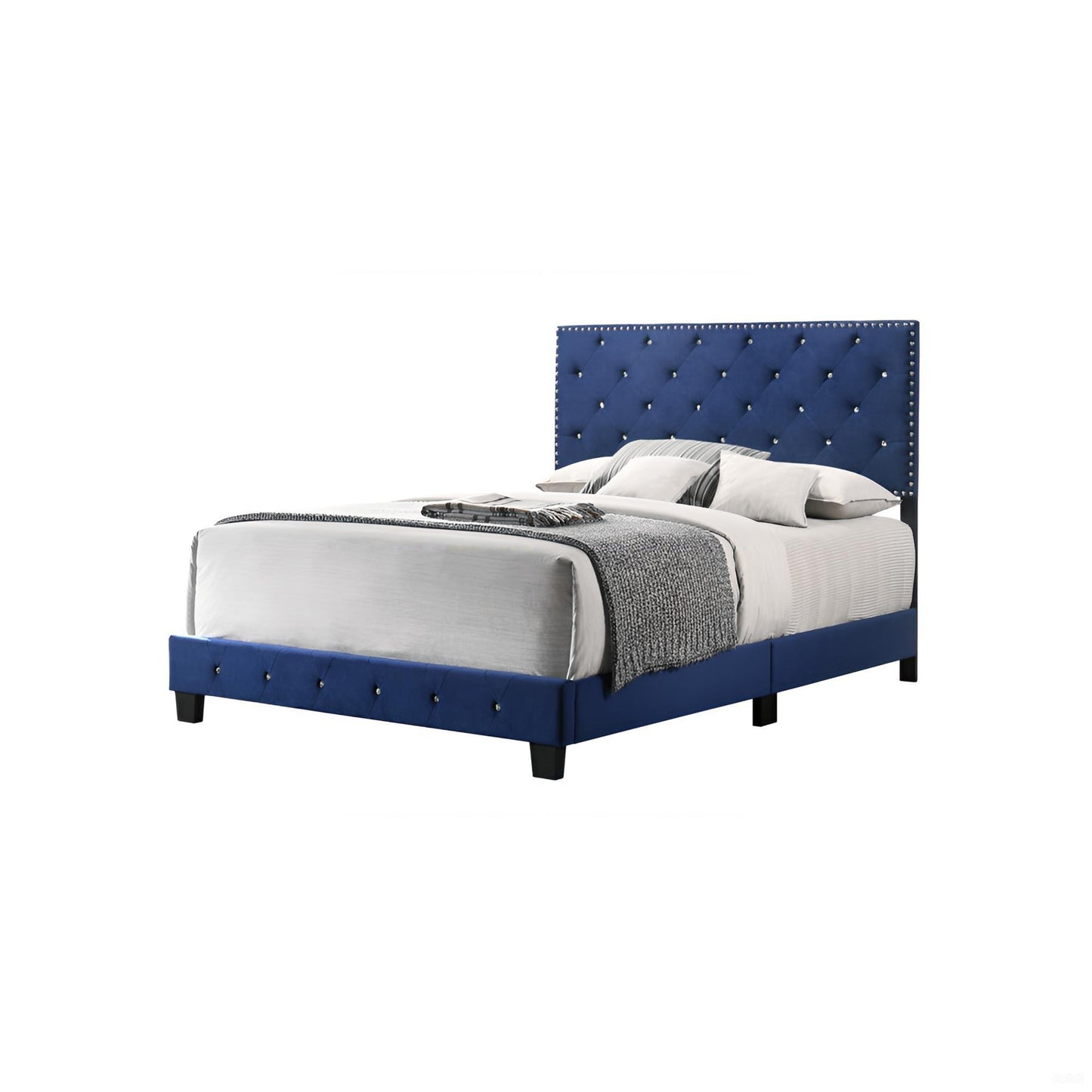 Noble Navy Queen Bed with Transitional Flair and Velvet Upholstery