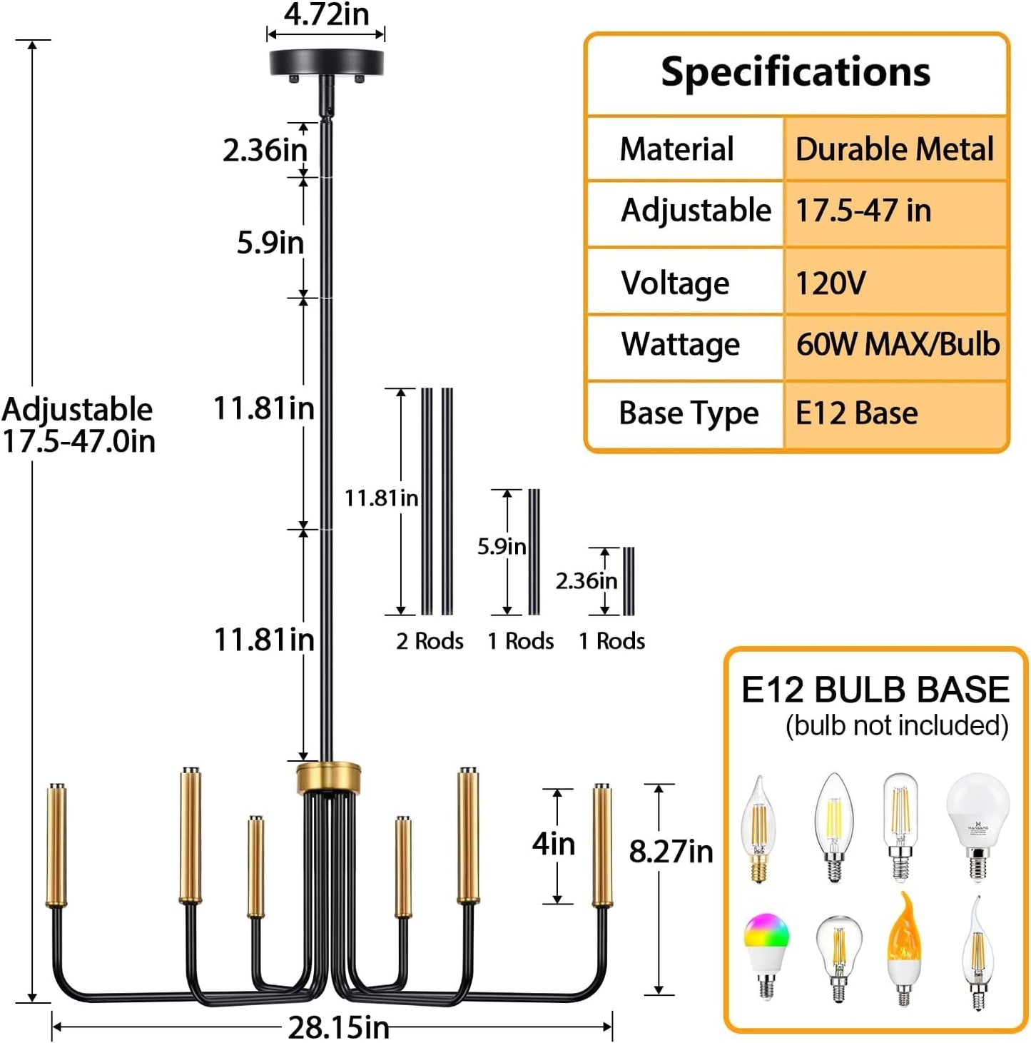 Black and Gold Chandelier, 6-Light Farmhouse Chandelier for Dining