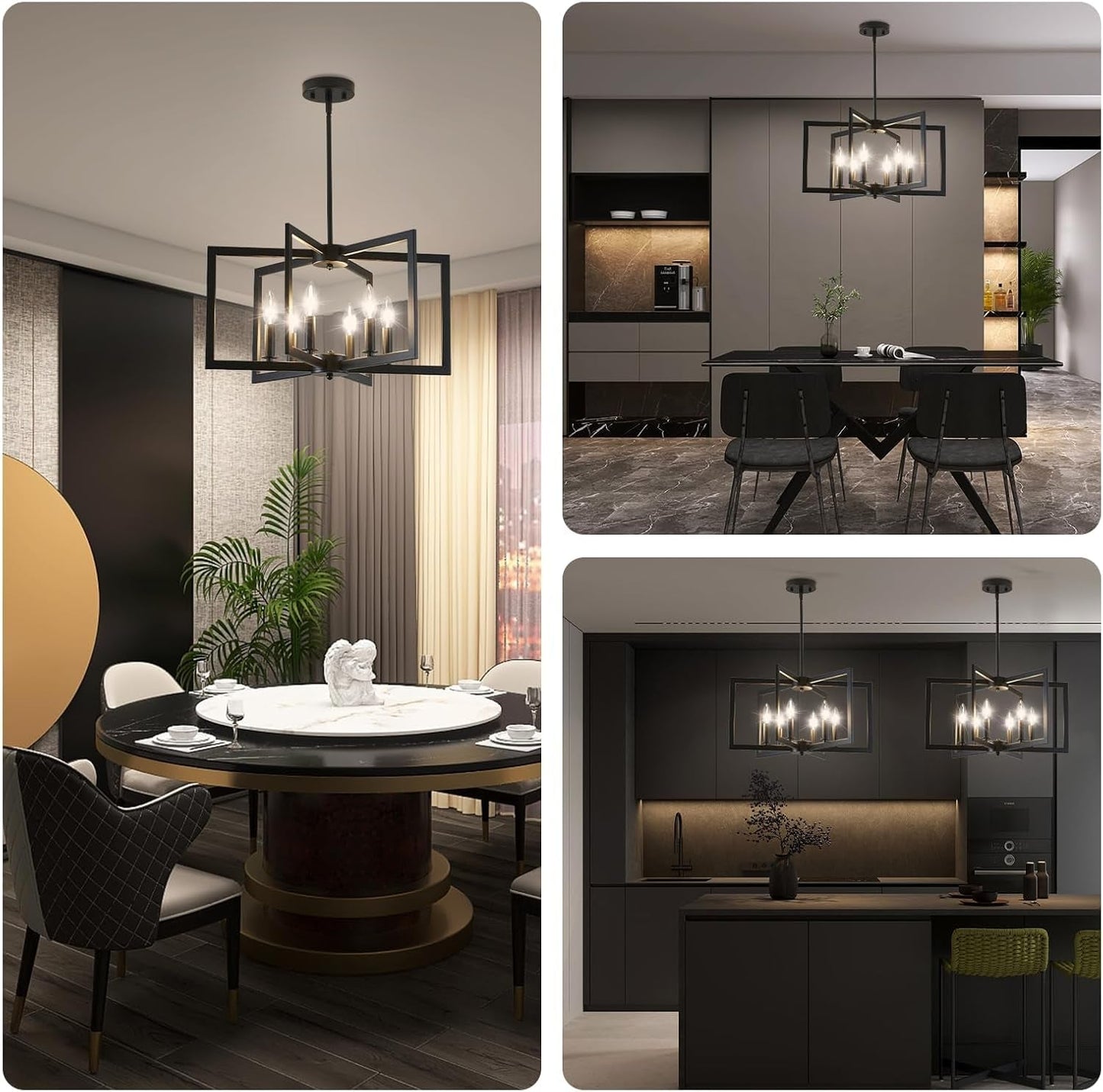 Black Chandelier, Dining Room Light Fixture Geometric Metal Modern