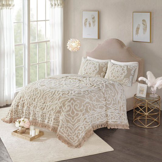 Tufted Cotton Chenille Medallion Fringe Coverlet & Comforter Bedding Set