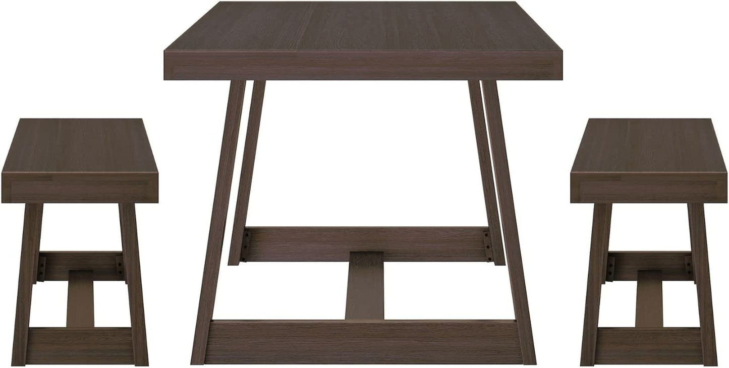 Farmhouse Solid Wood Dining Table Set with 2 Benches, Walnut