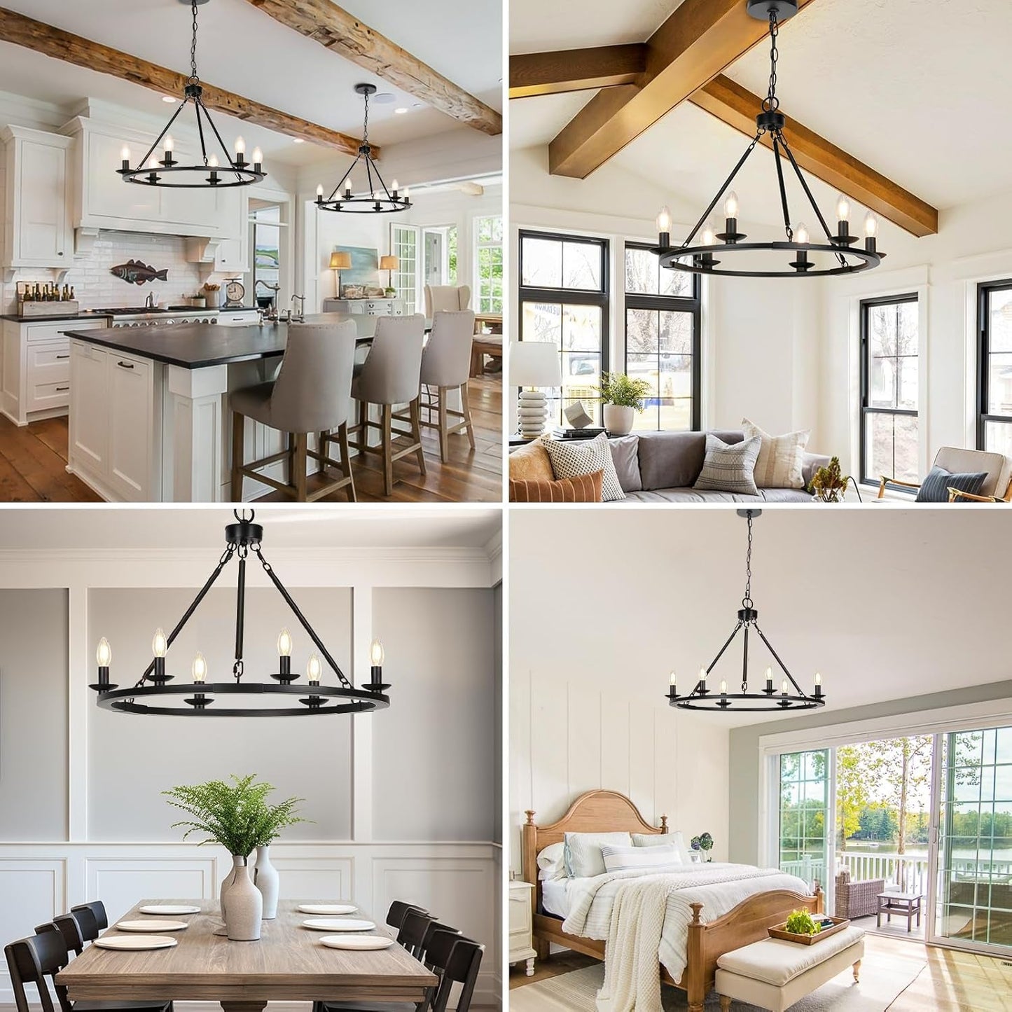 Black Farmhouse Chandelier, 6-Light Wagon Wheel Chandelier with