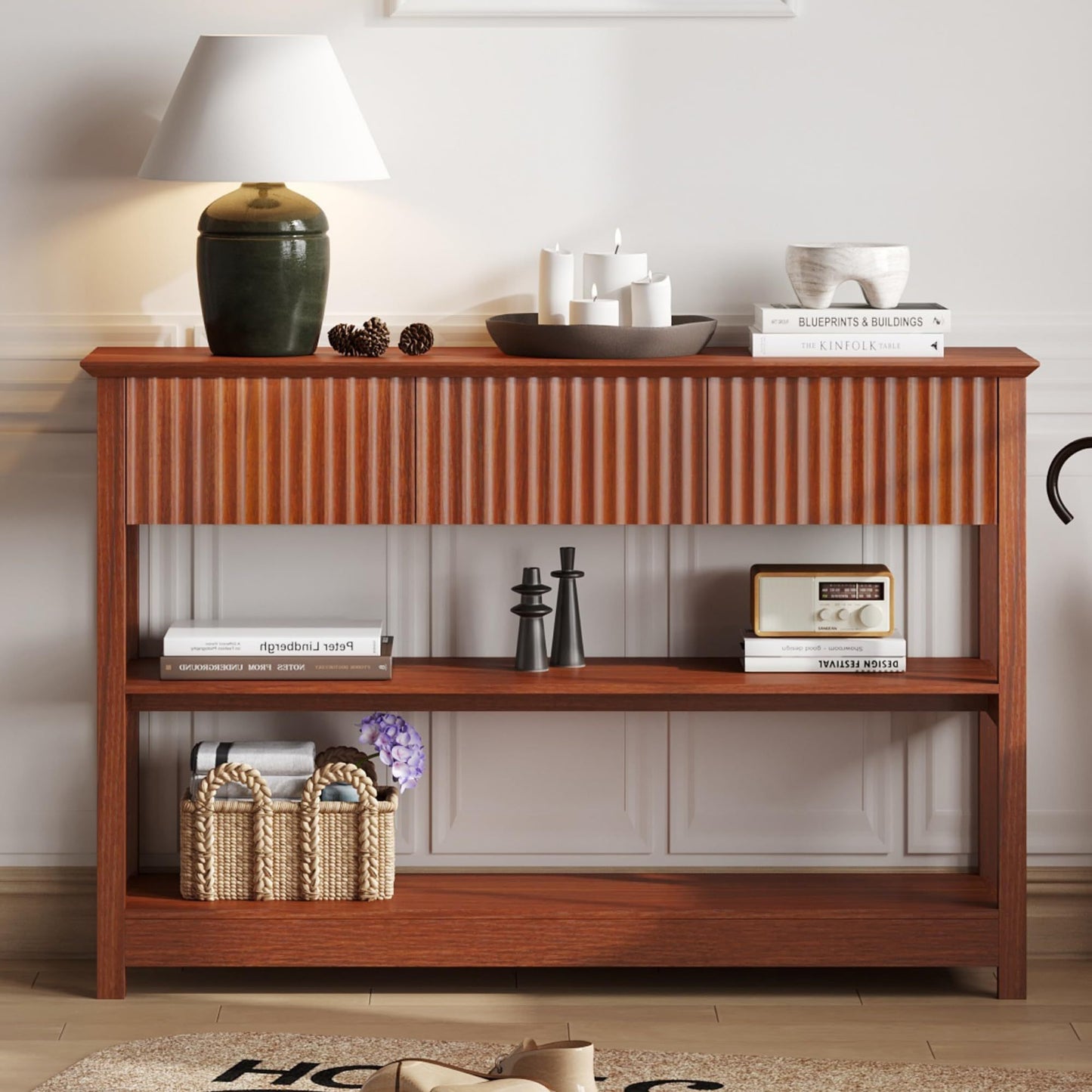 47″ Fluted MDF Console Table with Dual Drawers & Display Shelf , Stylish Entryway/Sofa Accent