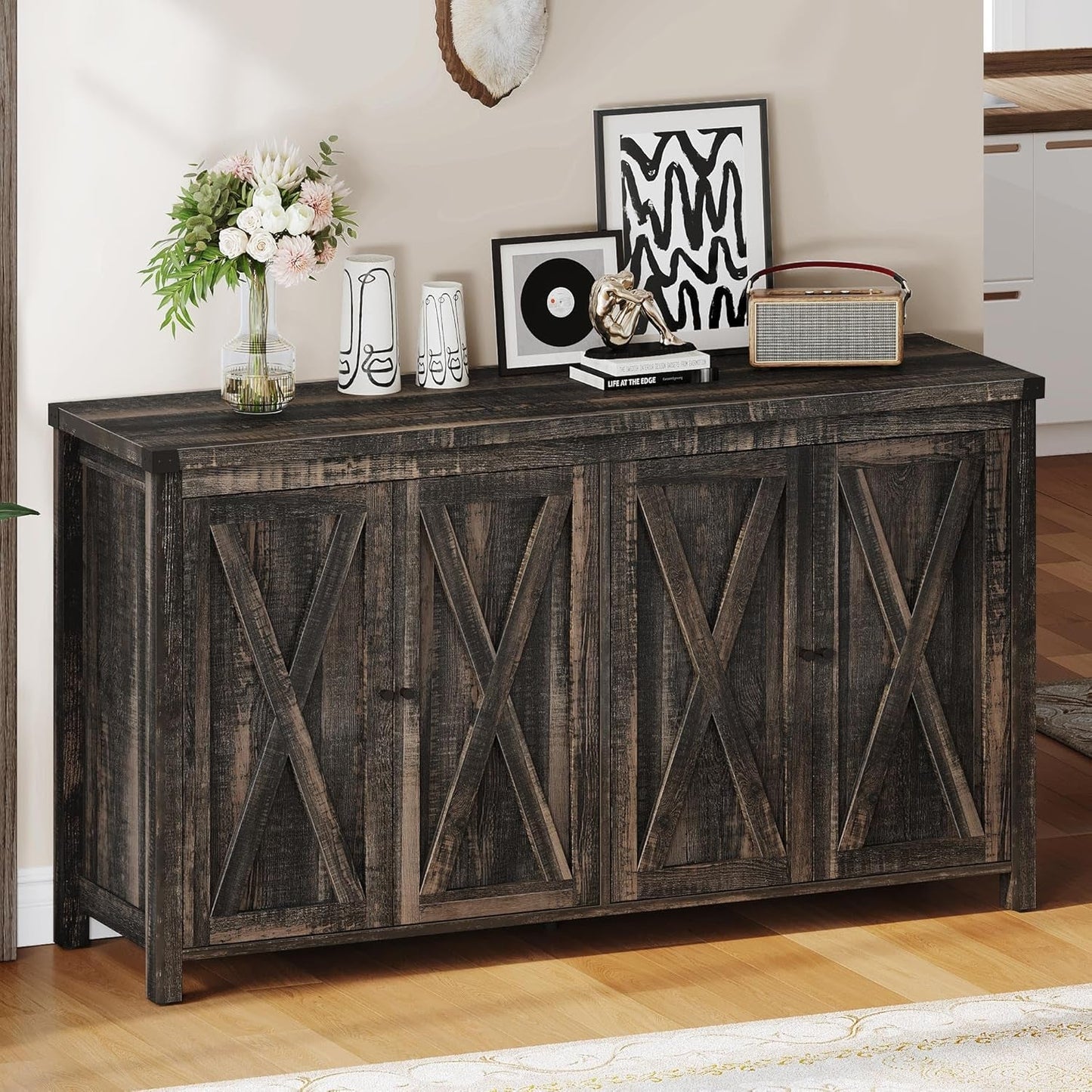 Farmhouse Sideboard Buffet Cabinet with Storage with 4 Doors, 55''