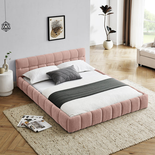 Modern Upholstered Queen Size Bed Frame with Thick Chenille Fabric, Pink, No Box Spring Needed