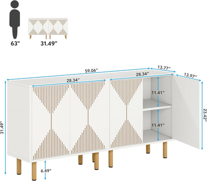 White Sideboard Buffet Cabinet, Modern Storage Cabinet with 4 Doors,