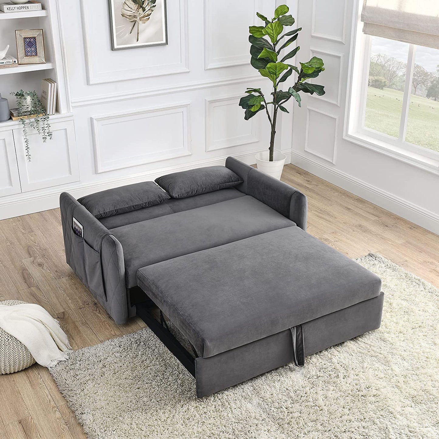 55″ Velvet Convertible Sofa Bed with Adjustable Backrest