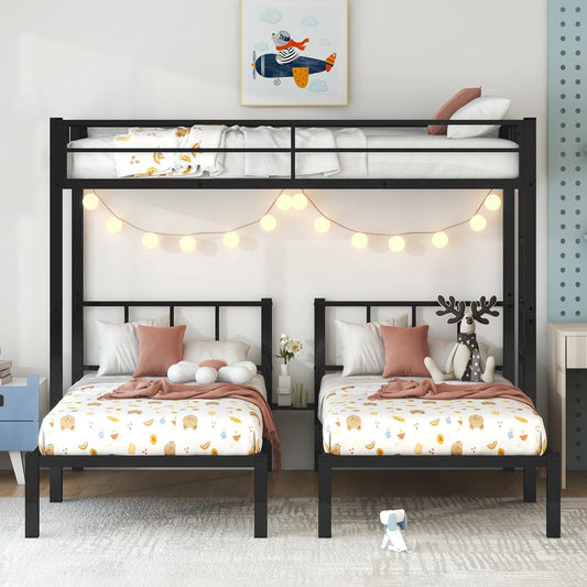 Metal Twin Triple Bunk Bed, Twin over Twin over Twin Bunk Bed for 3 Kids, Noise Reduced Structure, Separates into 3 Twin Beds, Black
