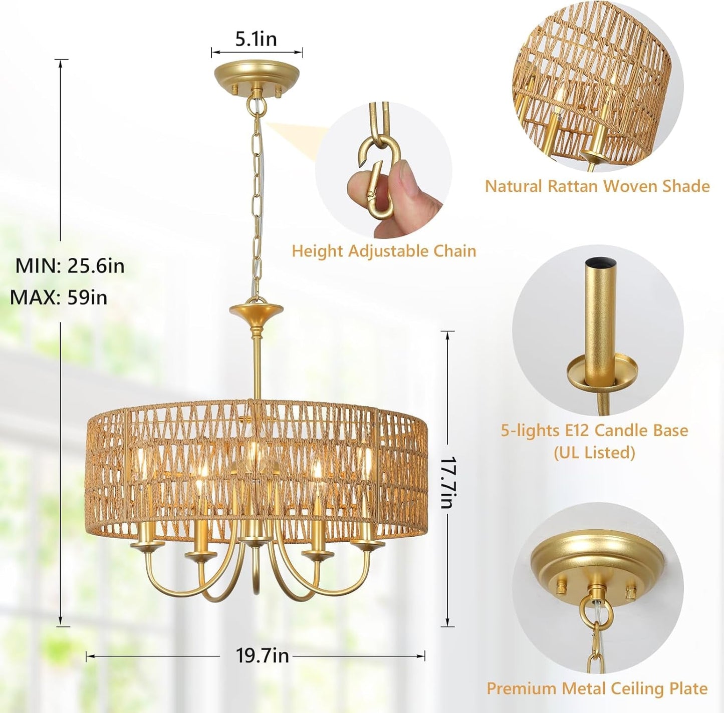 Gold Chandelier Light Fixtures, 5-Light Large Boho Rattan Pendant