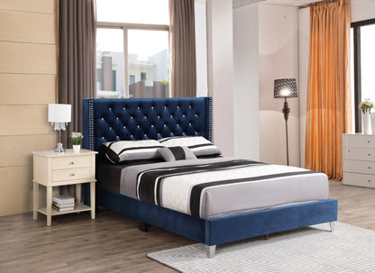 Stylish Upholstered Queen Bed In Navy Blue