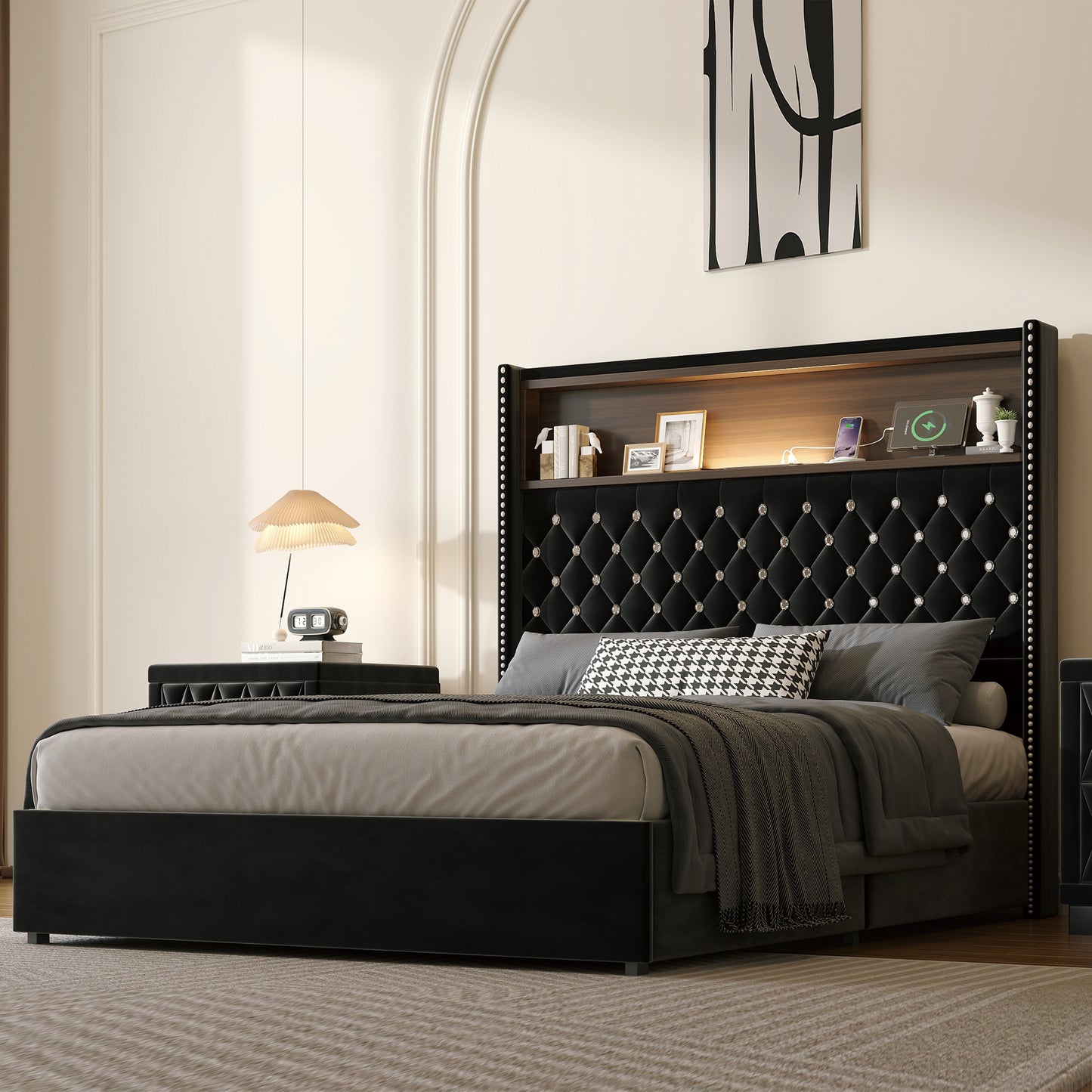 Full Size Velvet Tufted Soft Bed Frame with USB Port and Night Light,52''High Headboard with Rivet Decoration,Wing-back Platform Bed with Headboard Shelf,Black