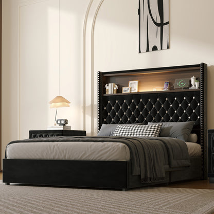 Full Size Velvet Tufted Soft Bed Frame with USB Port and Night Light,52''High Headboard with Rivet Decoration,Wing-back Platform Bed with Headboard Shelf,Black