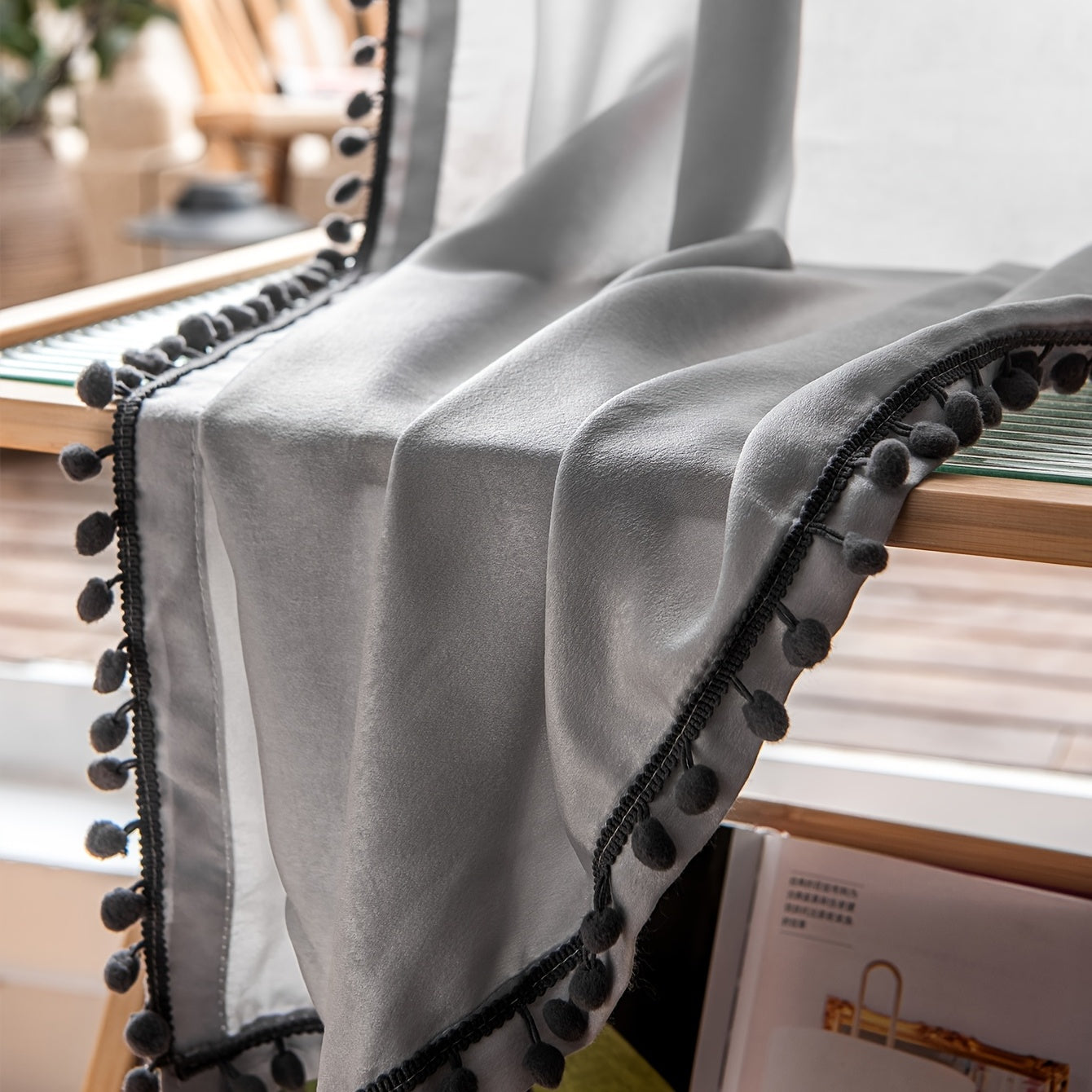 Grey Thermal Insulated Velvet Curtain with Ball Design