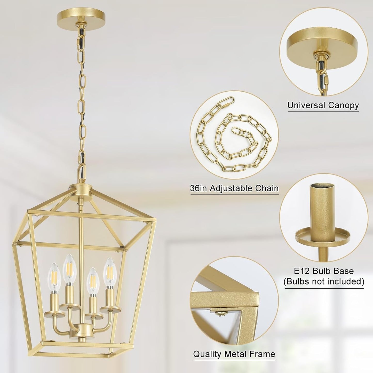 4 Light Chandelier, Industrial Ceiling Light Gold Lantern Light