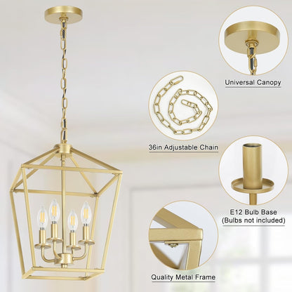 4 Light Chandelier, Industrial Ceiling Light Gold Lantern Light
