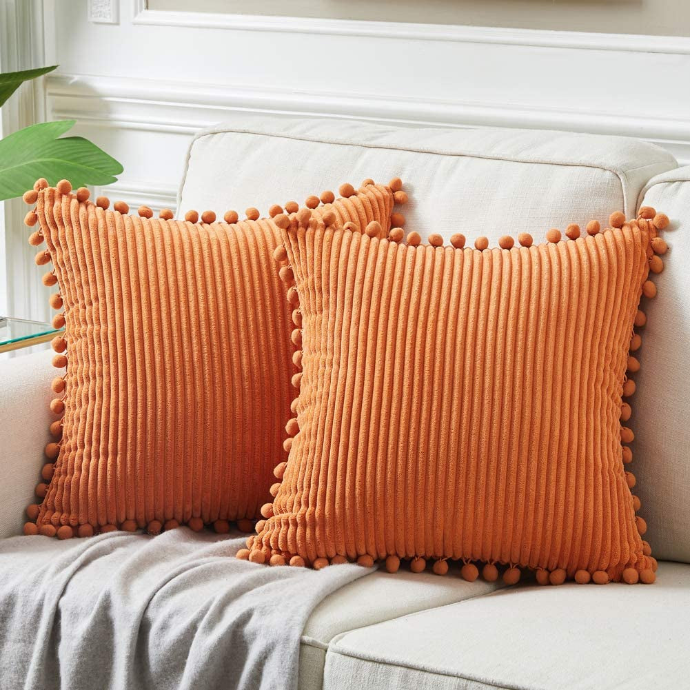Fancy Homi Dark Gray Decorative Throw Pillow Covers 18X18 Inch with Pom Poms, Boho Farmhouse Home Decor, Soft Corduroy Accent Square Cushion Case for Living Room Couch Bed Sofa 45X45 Cm