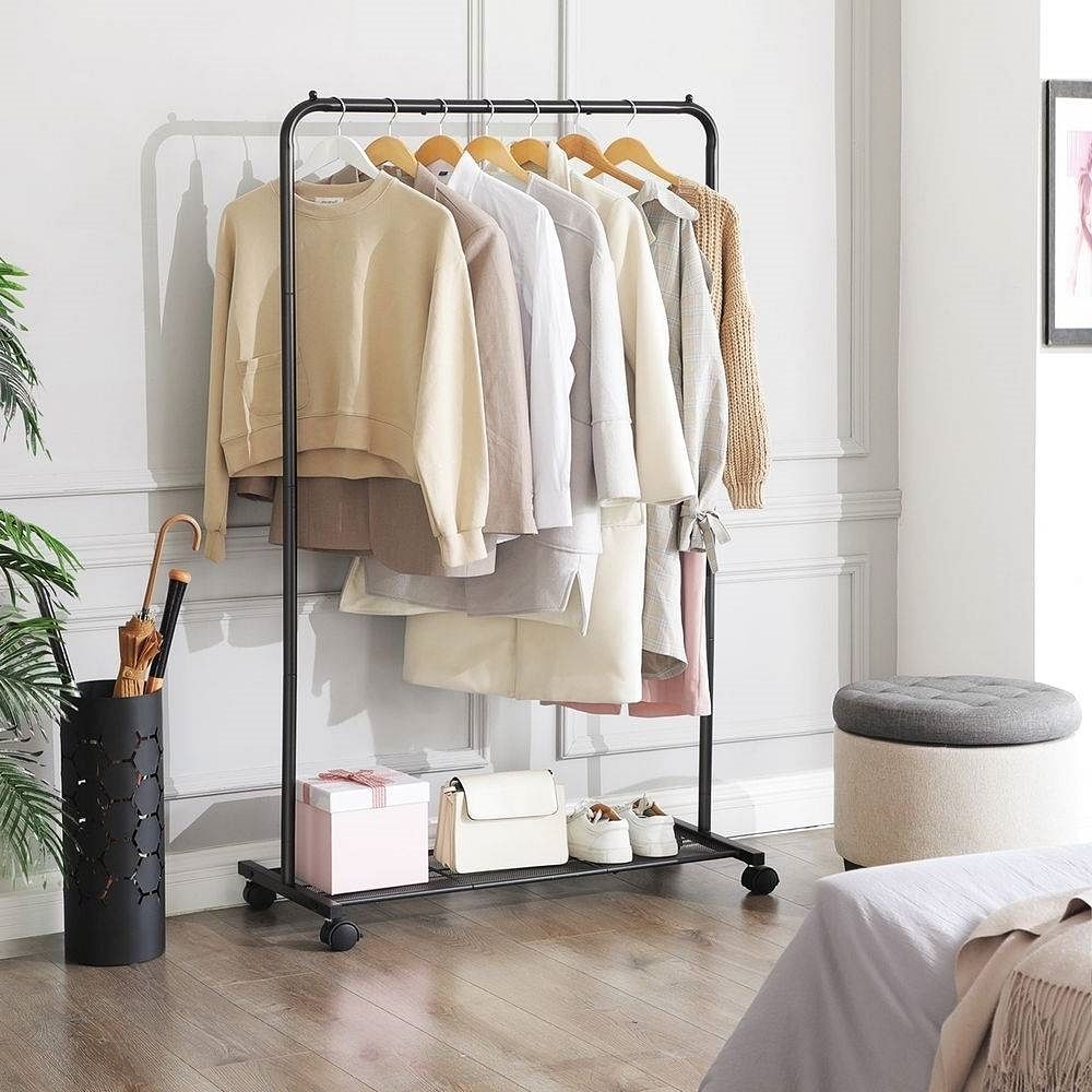 Simple Black Steel Tube Rolling Garment Clothes Rack with Bottom Mesh